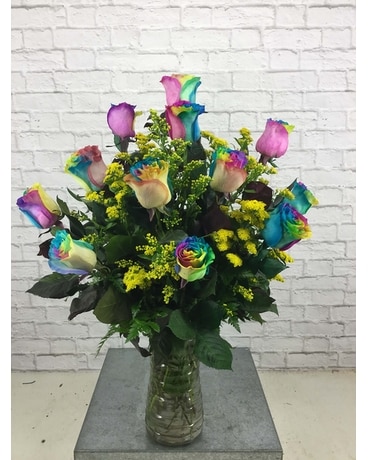 One Dozen Rainbow Roses Flower Arrangement